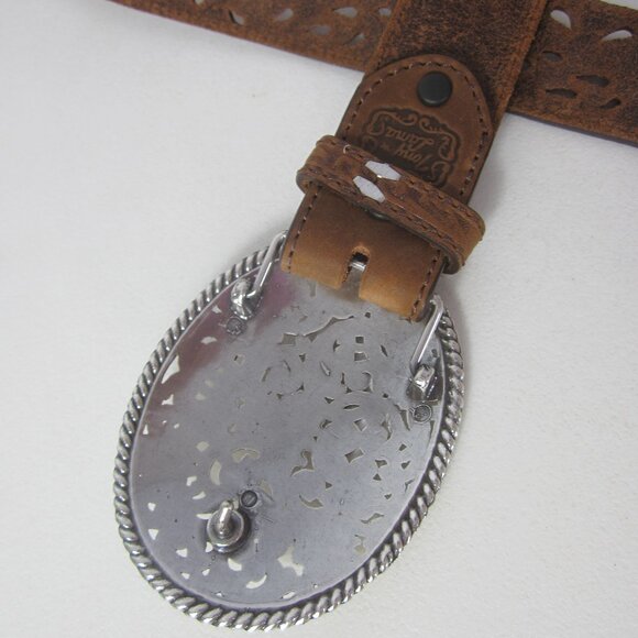 New Tony Lama Women 32 Brown Pierced Leather Filigree Belt Silvertone Buckle - Picture 9 of 12